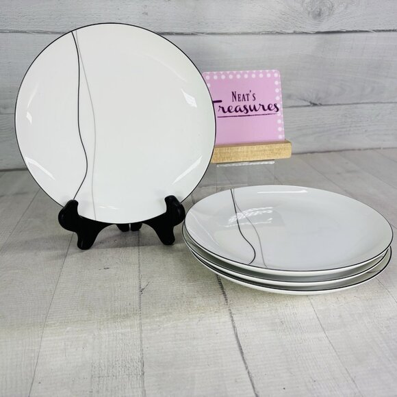 Mikasa THREADS LAL03 Long Gray Black Lines White Porcelain Salad Plate Set 4 NEW - Picture 1 of 16